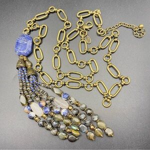 CHICO’S Lapis Lazuli Blue Natural Stone Beads Tassel Necklace Bohemian Style